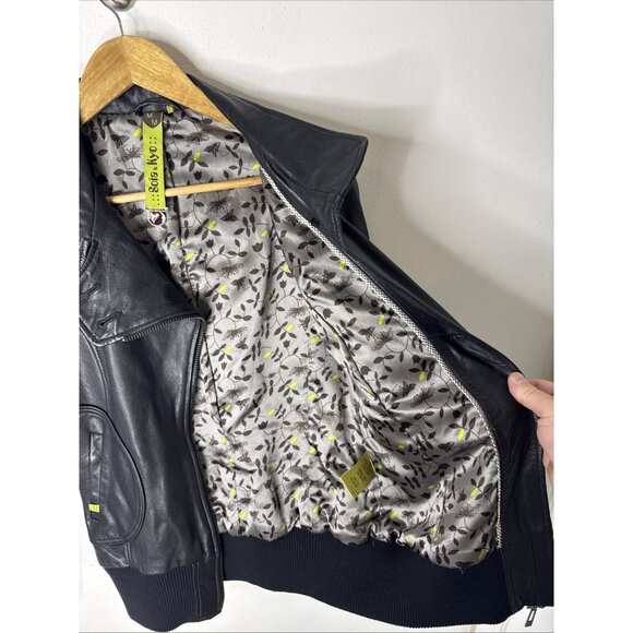 Soia & Kyo Genuine Leather Bomber Jacket Black Zip Up Ribbed Trim Women’s M - Picture 6 of 8